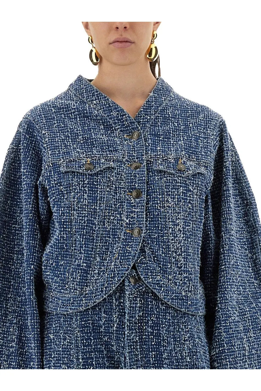 Rotate Birger Christensen women’s round sleeve jacket in blue tweed with textured woven fabric and dark metal buttons