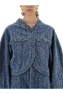 Rotate Birger Christensen women’s round sleeve jacket in blue tweed with textured woven fabric and dark metal buttons