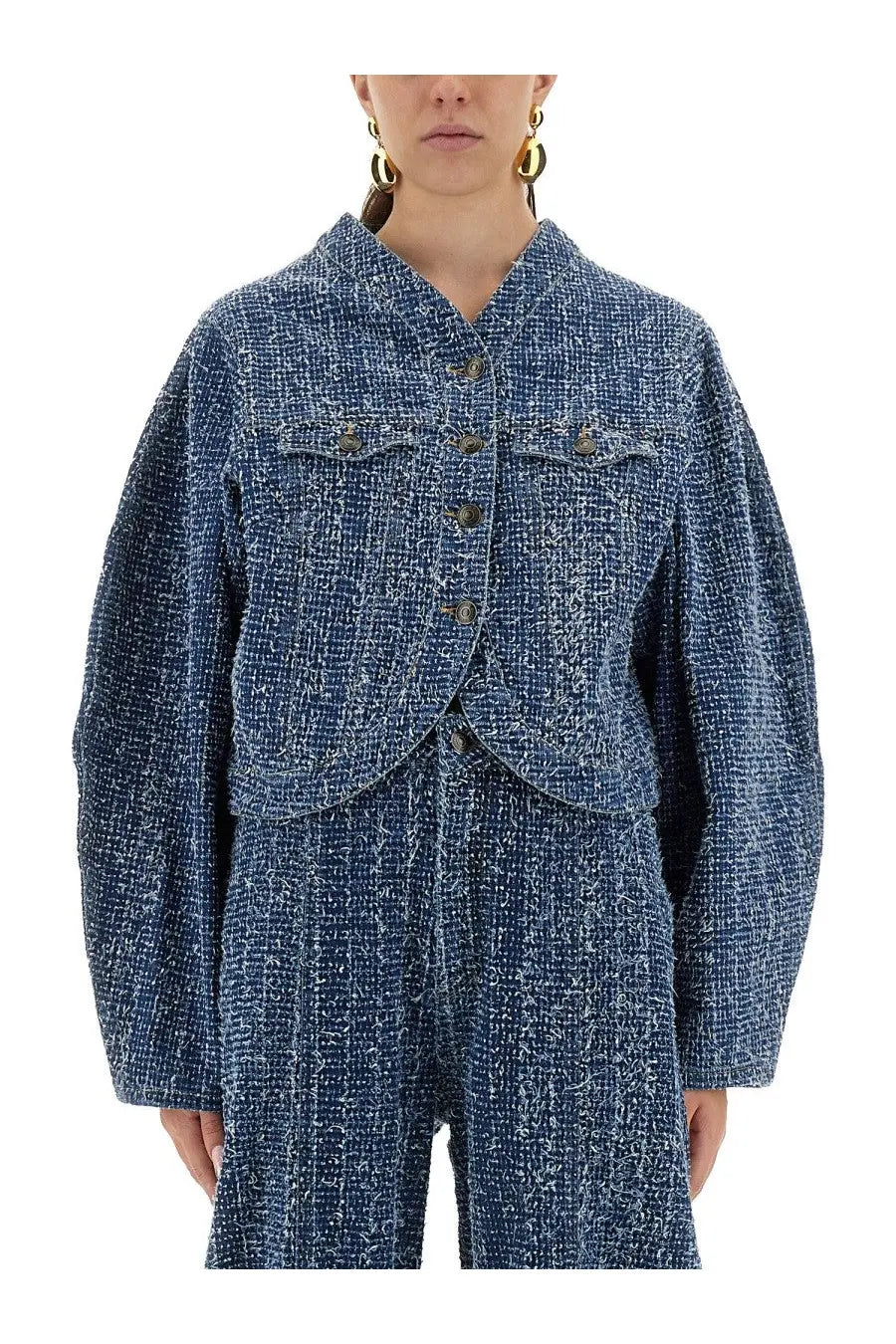 Rotate Birger Christensen women’s blue tweed cropped jacket with textured woven fabric and button closures
