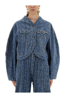 Rotate Birger Christensen women’s blue tweed cropped jacket with textured woven fabric and button closures