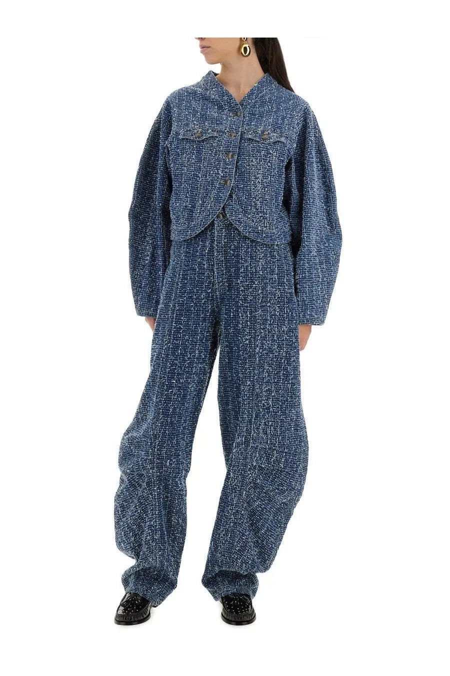 Blue tweed jumpsuit with structured collar and button-front design from rotate birger christensen women’s jacket collection