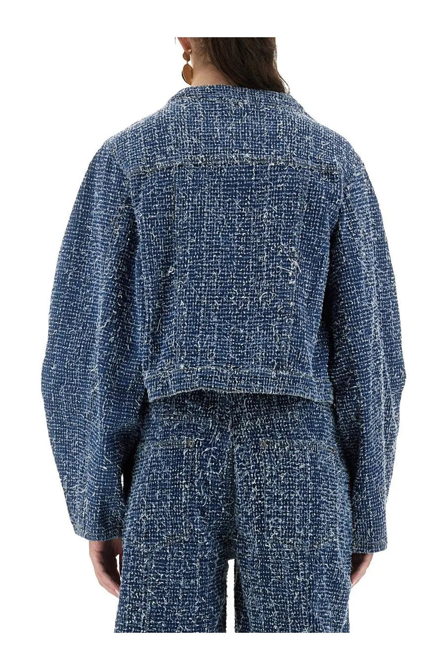 Rotate birger christensen women’s blue tweed cropped jacket with a textured woven pattern and round sleeves