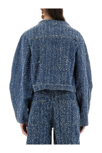 Rotate birger christensen women’s blue tweed cropped jacket with a textured woven pattern and round sleeves