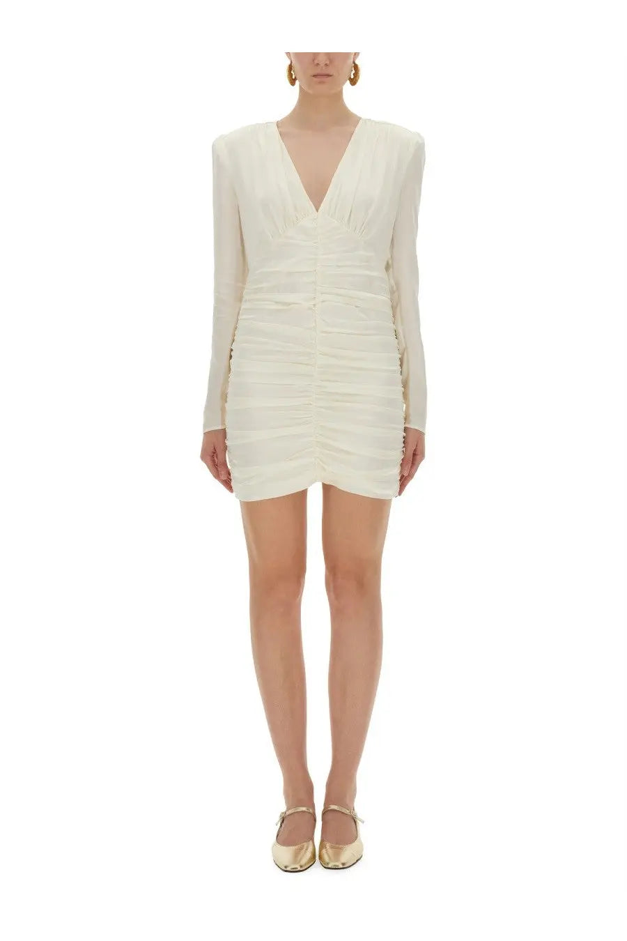 Rotate Birger Christensen women’s satin ivory mini dress with long sleeves v-neck and ruched bodice detailing