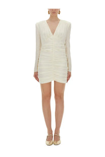 Rotate Birger Christensen women’s satin ivory mini dress with long sleeves v-neck and ruched bodice detailing