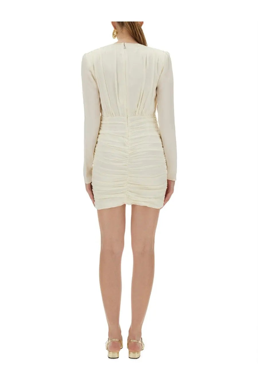 Back view of rotate birger christensen women’s cream satin mini dress with ruched detailing on back and waist