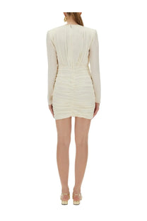 Back view of rotate birger christensen women’s cream satin mini dress with ruched detailing on back and waist