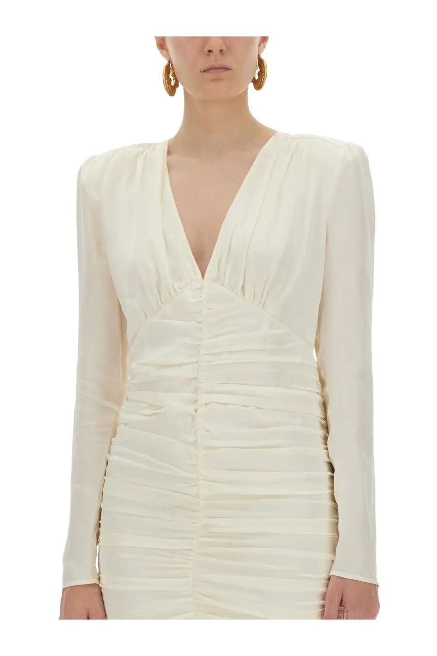 Rotate Birger Christensen women’s cream satin mini dress with long sleeves ruched bodice and deep v neckline