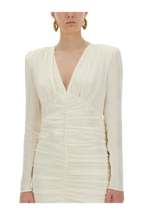 Rotate Birger Christensen women’s cream satin mini dress with long sleeves ruched bodice and deep v neckline