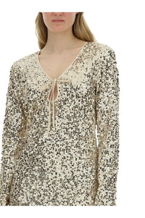 Rotate Birger Christensen women’s blue sequined dress with gold and black long sleeves and v-neckline tied at the front