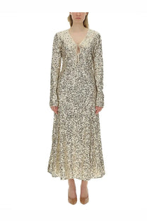 Rotate birger christensen womens cream dress with black speckled pattern long sleeves and lace-up neckline