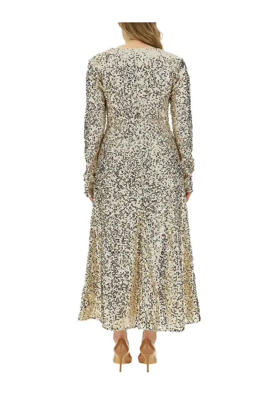 Rotate Birger Christensen women’s long-sleeved midi dress with cream and black sequined pattern