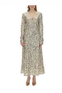 Rotate Birger Christensen women’s long-sleeved floor-length sequined dress in cream and black speckled pattern with v-neck tie
