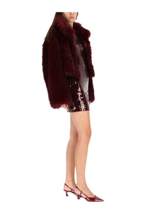 Rotate birger christensen women’s red sequined mini dress paired with a burgundy faux fur coat with plush collar