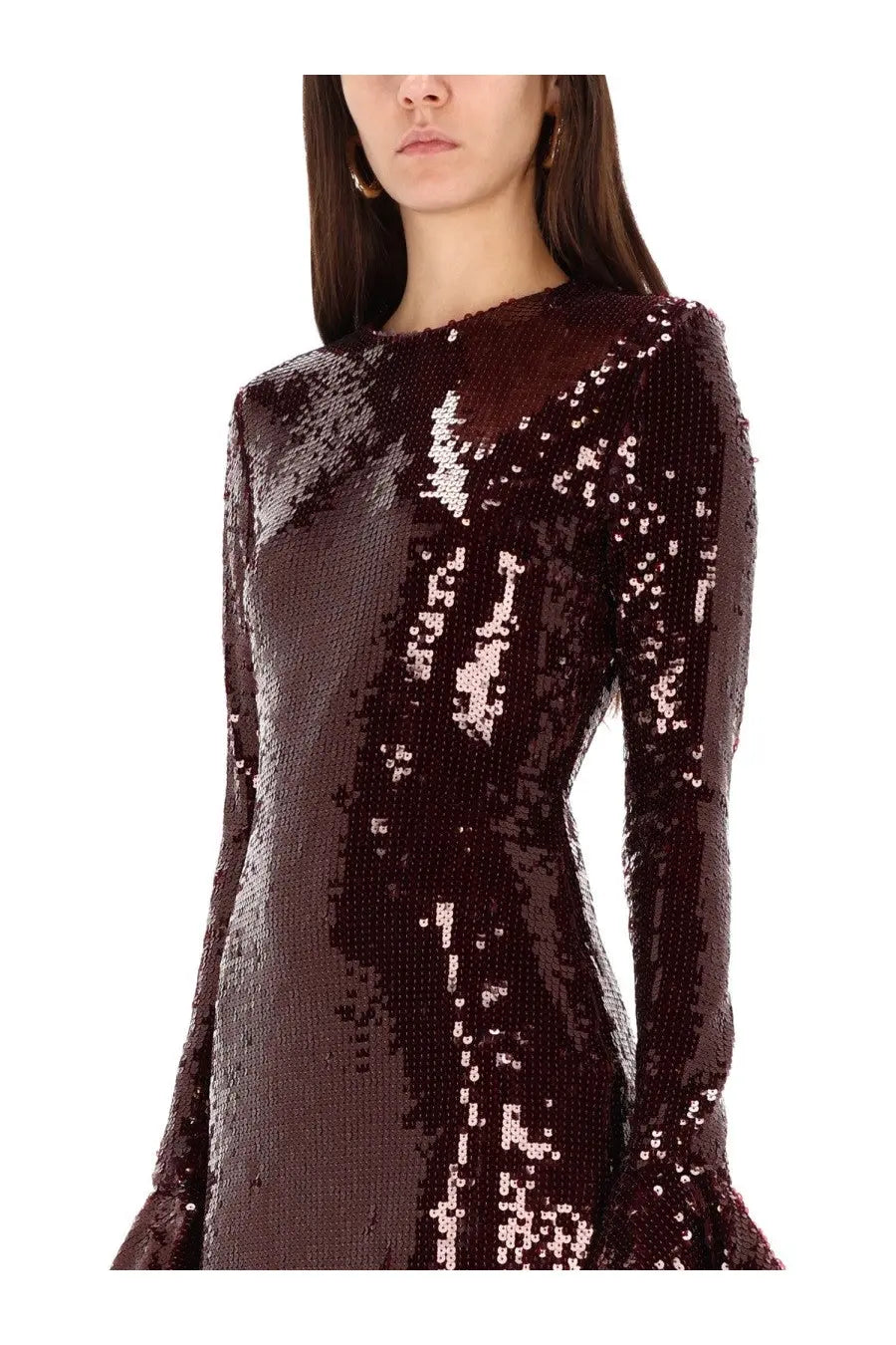 Rotate Birger Christensen women’s burgundy sequined long sleeve mini dress with fitted bodice and flared skirt