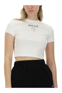 White ribbed crop top with rotate branding on the chest by rotate birger christensen for women