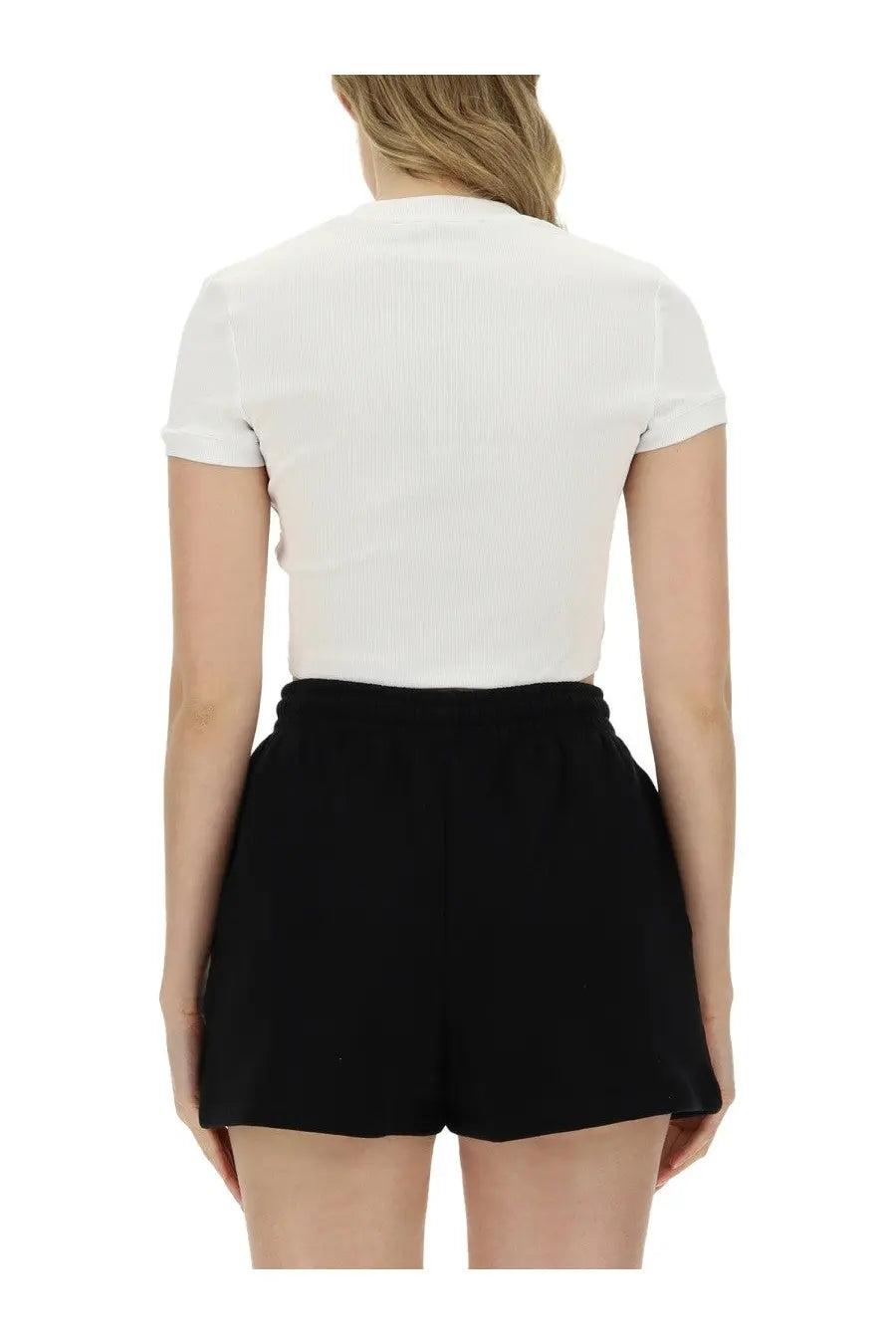 Rotate Birger Christensen women’s white short-sleeved shirt with fitted silhouette and ribbed neckline