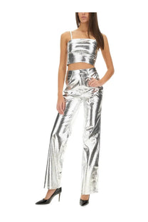 Shiny silver metallic snake-scale patterned two-piece set featuring rotate birger christensen straight leg pants