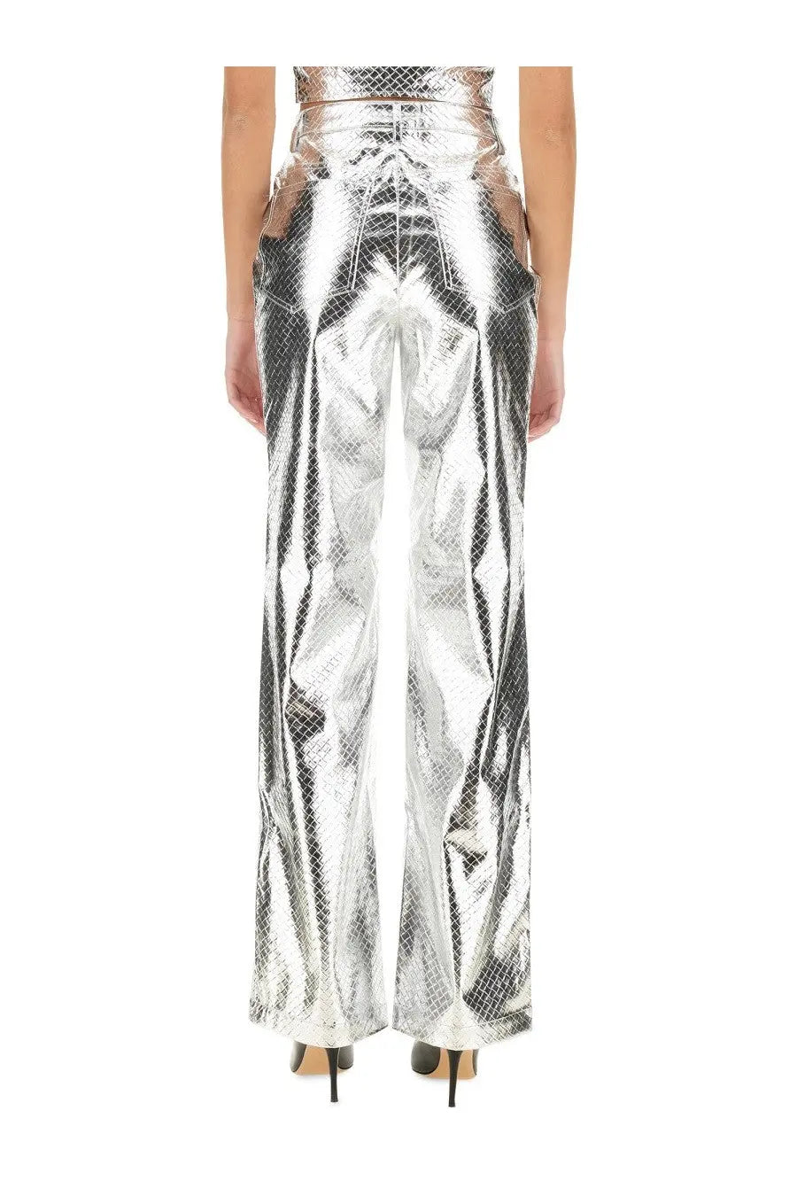 Rotate Birger Christensen women’s silver straight leg pants with shiny snakeskin pattern and high-waisted wide-leg fit