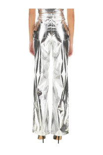 Rotate Birger Christensen women’s silver straight leg pants with shiny snakeskin pattern and high-waisted wide-leg fit