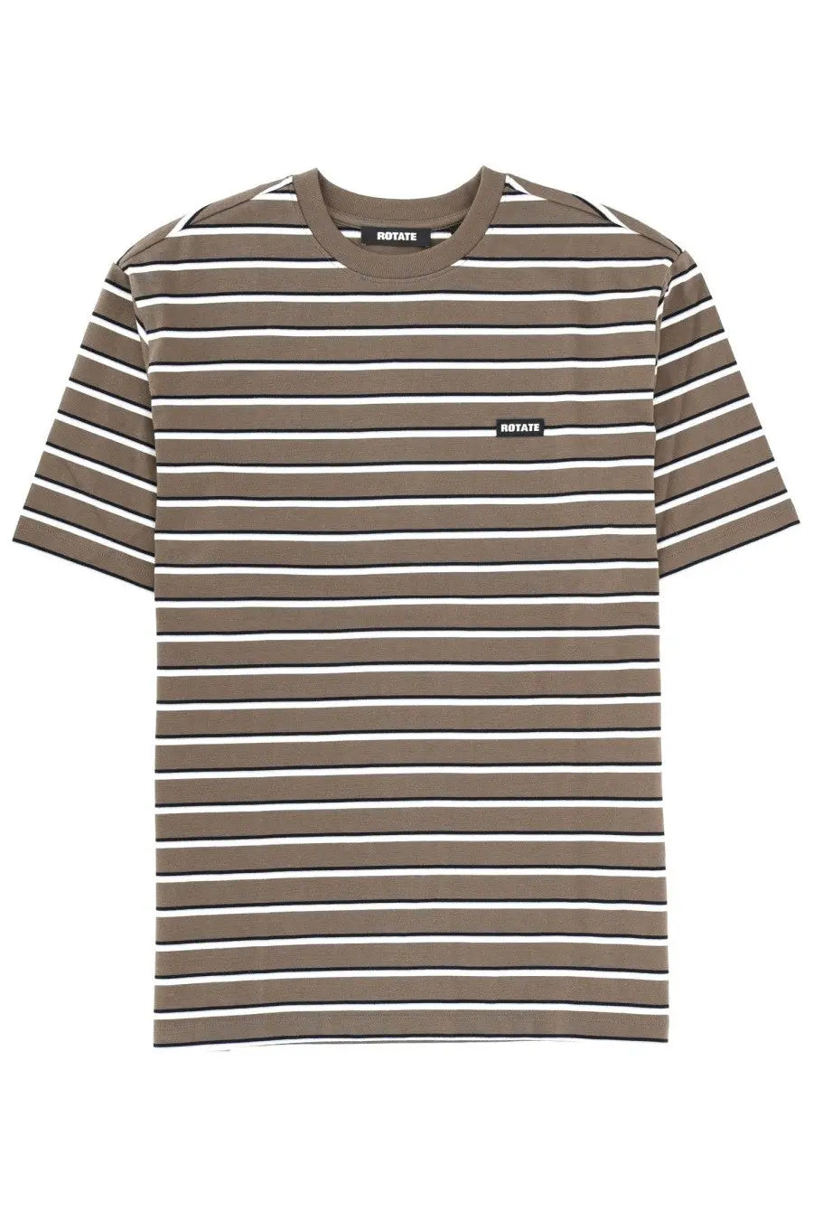 Rotate Birger Christensen women’s short-sleeved striped shirt green with olive and white stripes and a black rotate logo patch