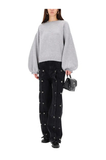 Rotate birger christensen women’s grey oversized knit sweater with long puffy sleeves and ribbed cuffs