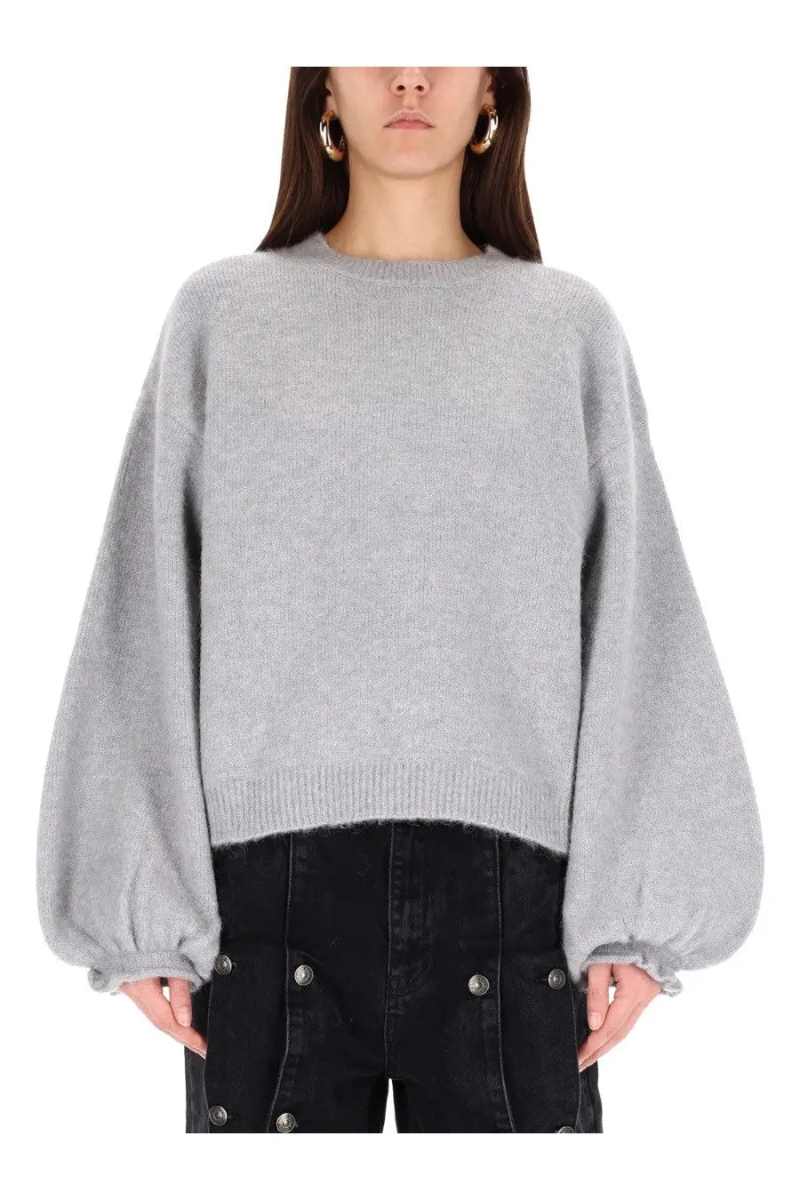 Rotate Birger Christensen women’s gray oversized knit sweater with fluffy voluminous sleeves and ribbed hem