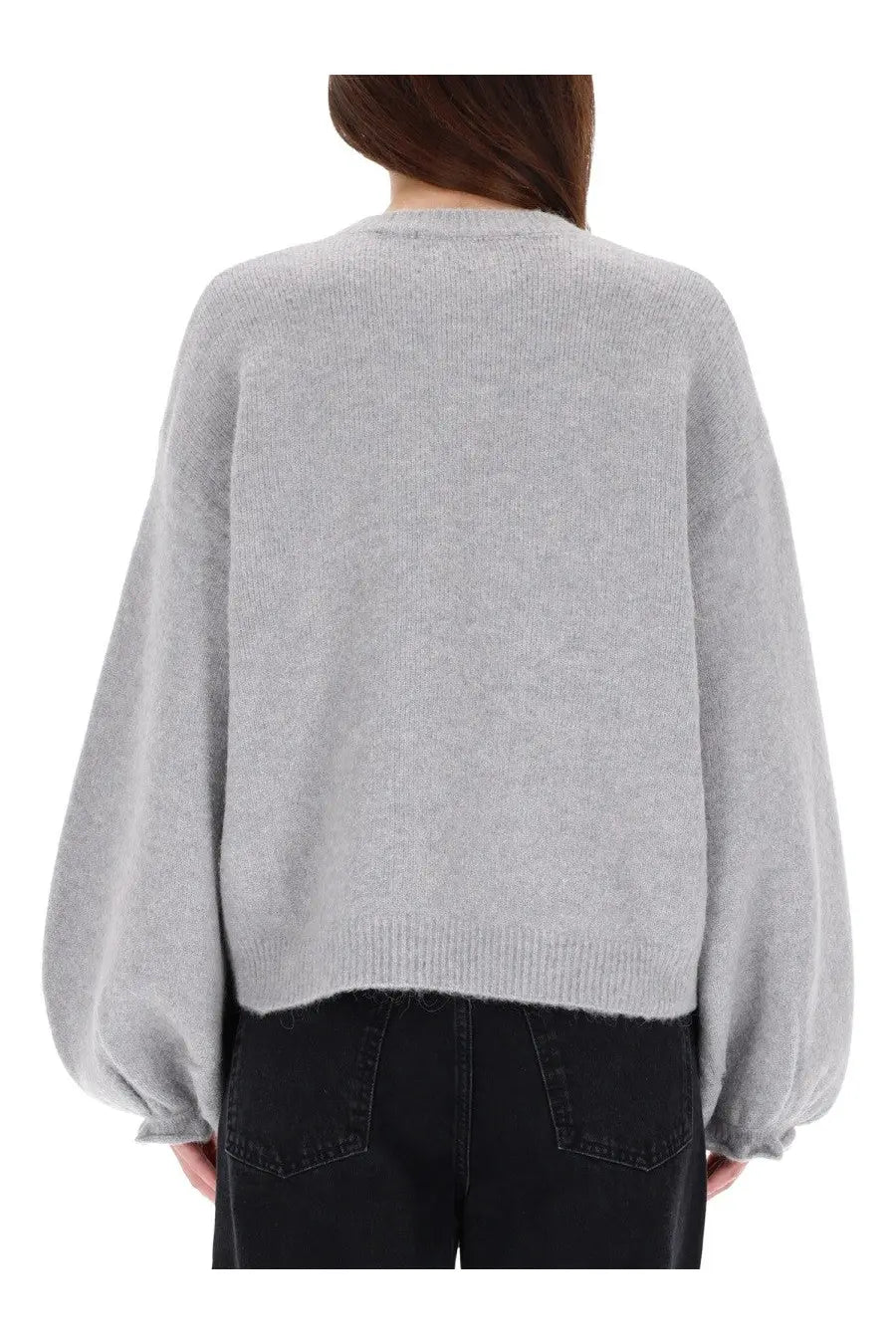 Rotate Birger Christensen women’s soft heather gray knit sweater with relaxed fit and long puffy sleeves