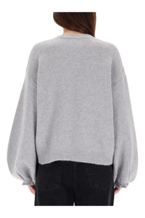 Rotate Birger Christensen women’s soft heather gray knit sweater with relaxed fit and long puffy sleeves