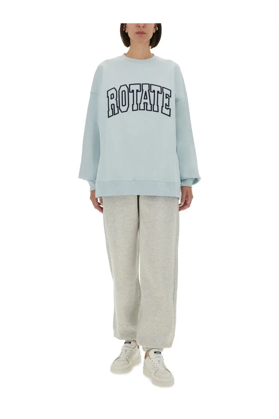 Light blue oversized Rotate Birger Christensen women’s sweatshirt with bold black rotate lettering on the chest
