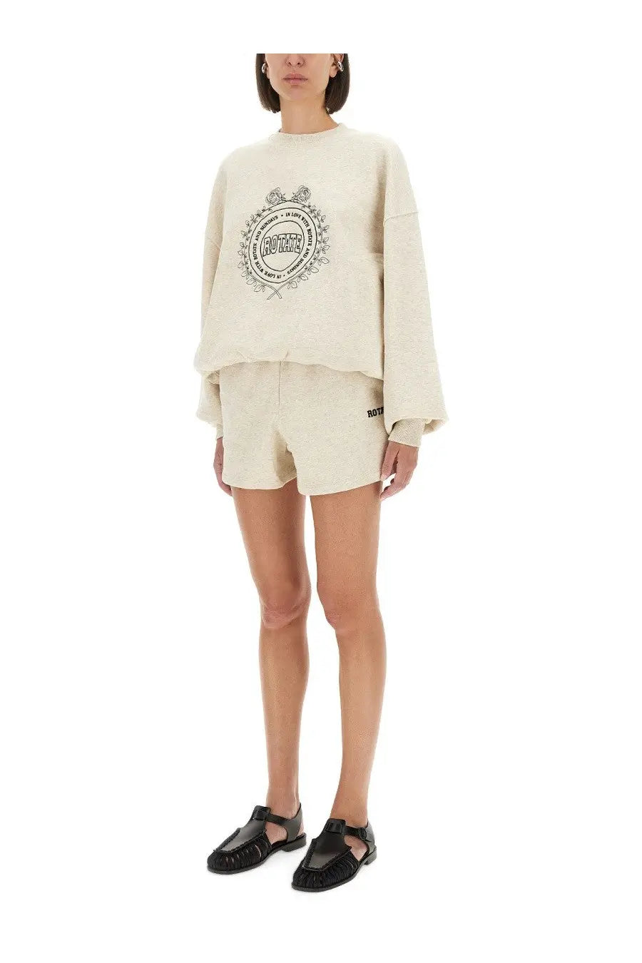 Rotate Birger Christensen women’s cream oversized sweatshirt with black embroidered butter logo and floral details