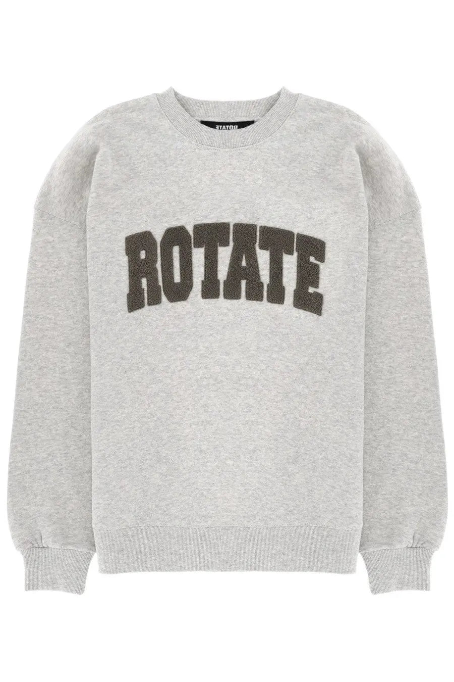 Rotate Birger Christensen women’s heather gray sweatshirt with dark brown textured rotate lettering on the chest