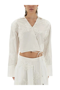 Rotate Birger Christensen women’s white wrap around crop top with delicate floral embroidered appliqués tied at waist