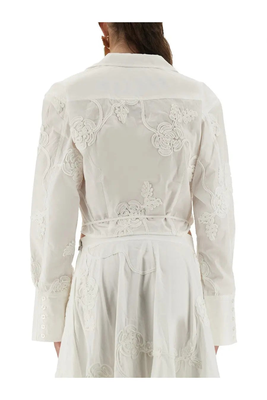 Rotate Birger Christensen women’s white wrap around shirt top with delicate ivory lace floral embroidery and belted waist