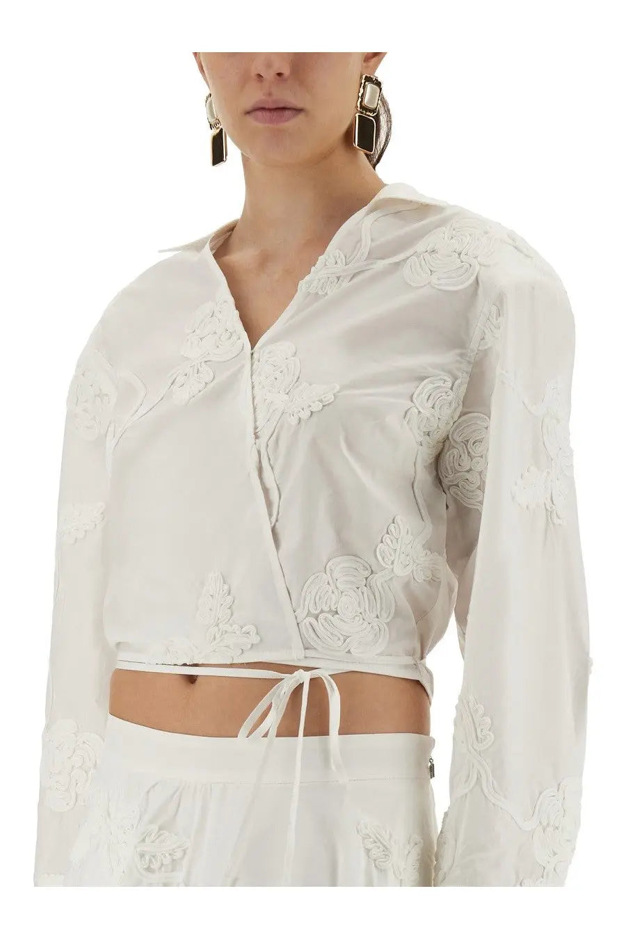 Rotate birger christensen women’s white sheer wrap around shirt with intricate floral embroidery and tie waist design