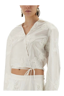 Rotate birger christensen women’s white sheer wrap around shirt with intricate floral embroidery and tie waist design