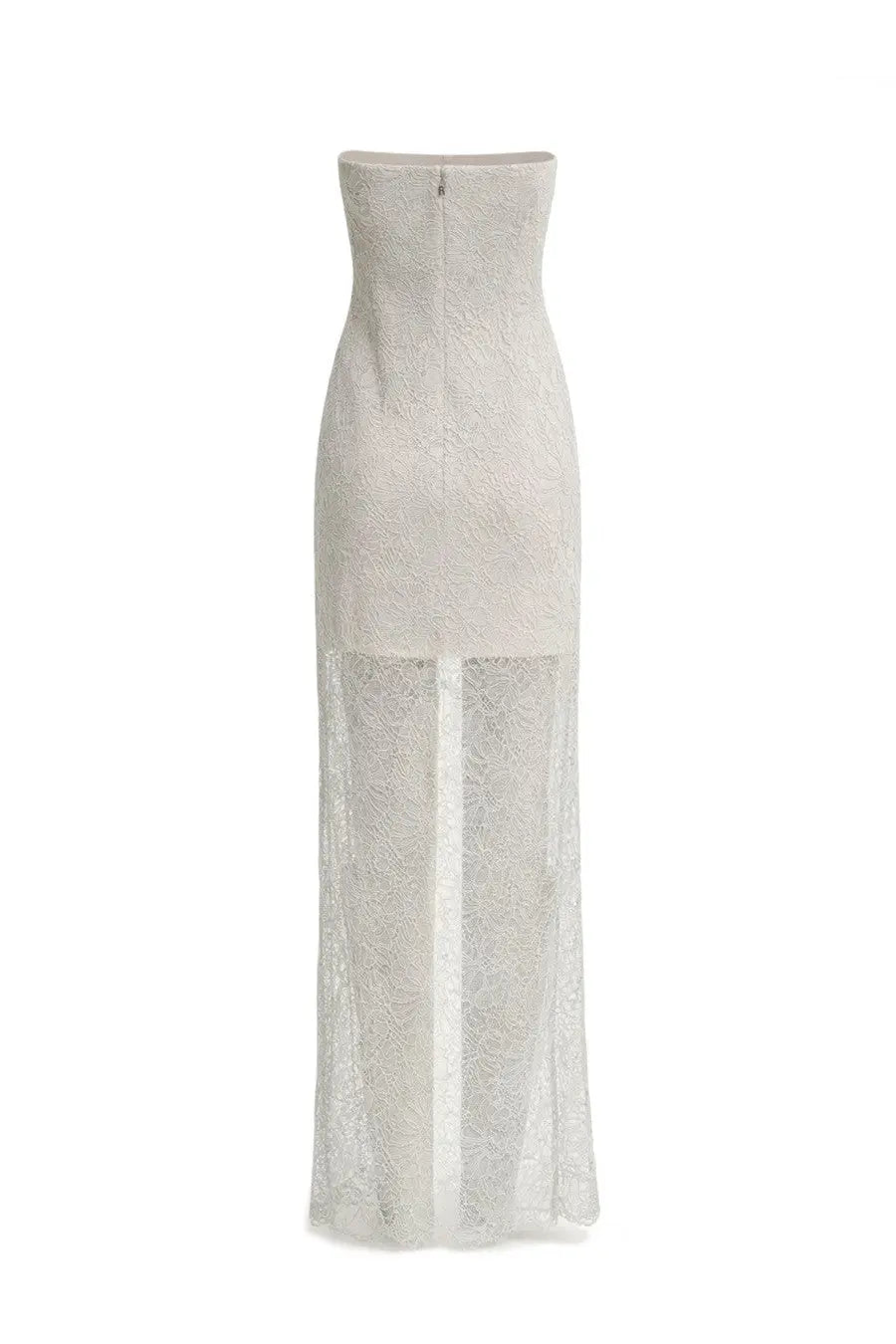 Rotate women’s long lace dress pink featuring a strapless white lace gown with fitted bodice and sheer overlay