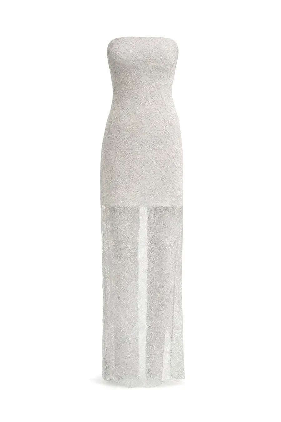 Rotate women’s long lace dress pink featuring a white strapless maxi design with a high slit and floral pattern