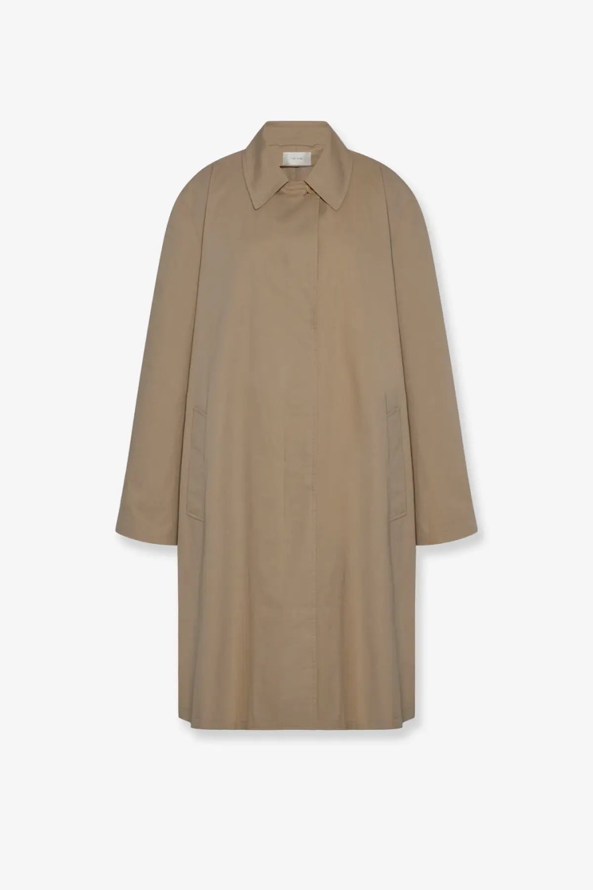 Beige trench coat with classic collar and two front pockets from the row women’s dayton waterproof coat collection