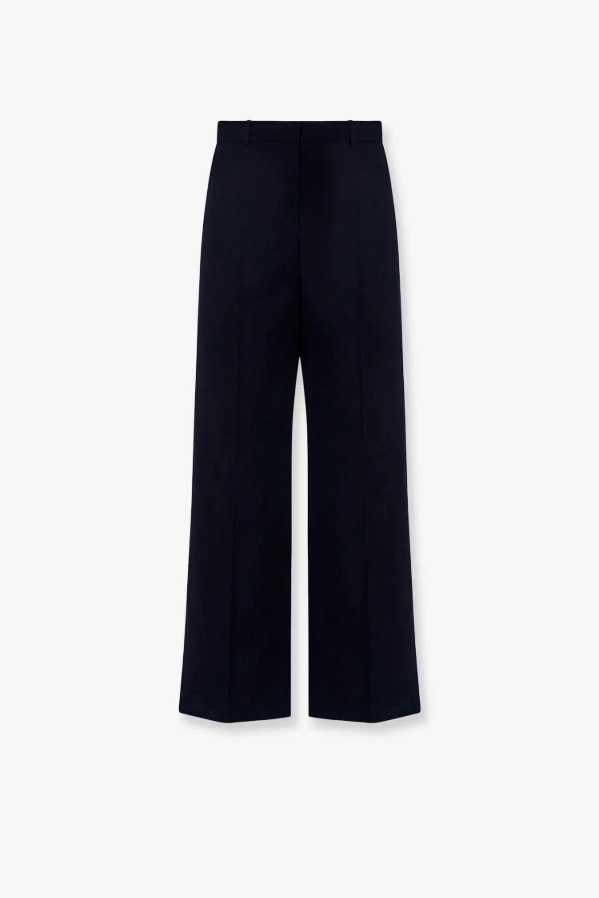 Black wide-leg wool trousers by the row with sleek tailored design and subtle creases for women