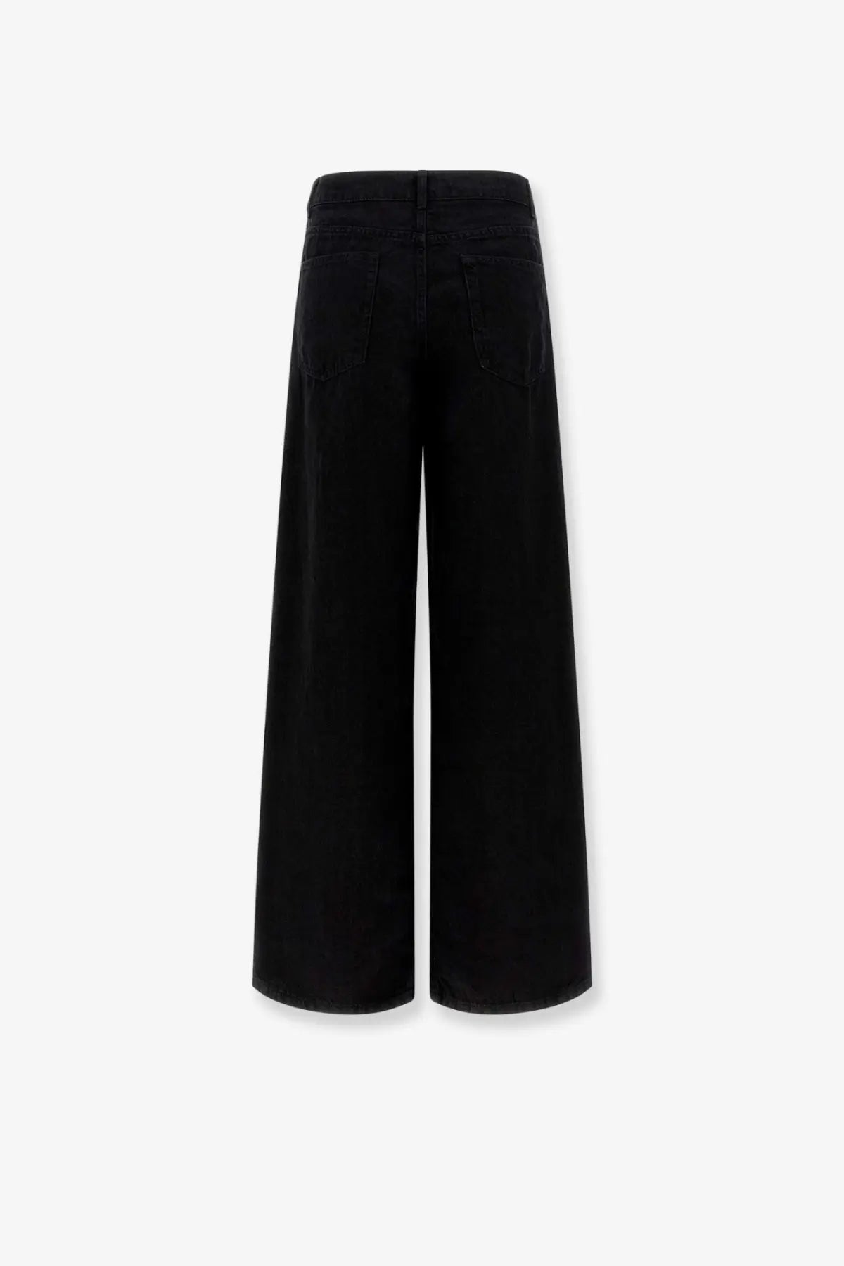 The row women’s eglitta black wide leg high waist denim trousers shown from the back with classic pockets