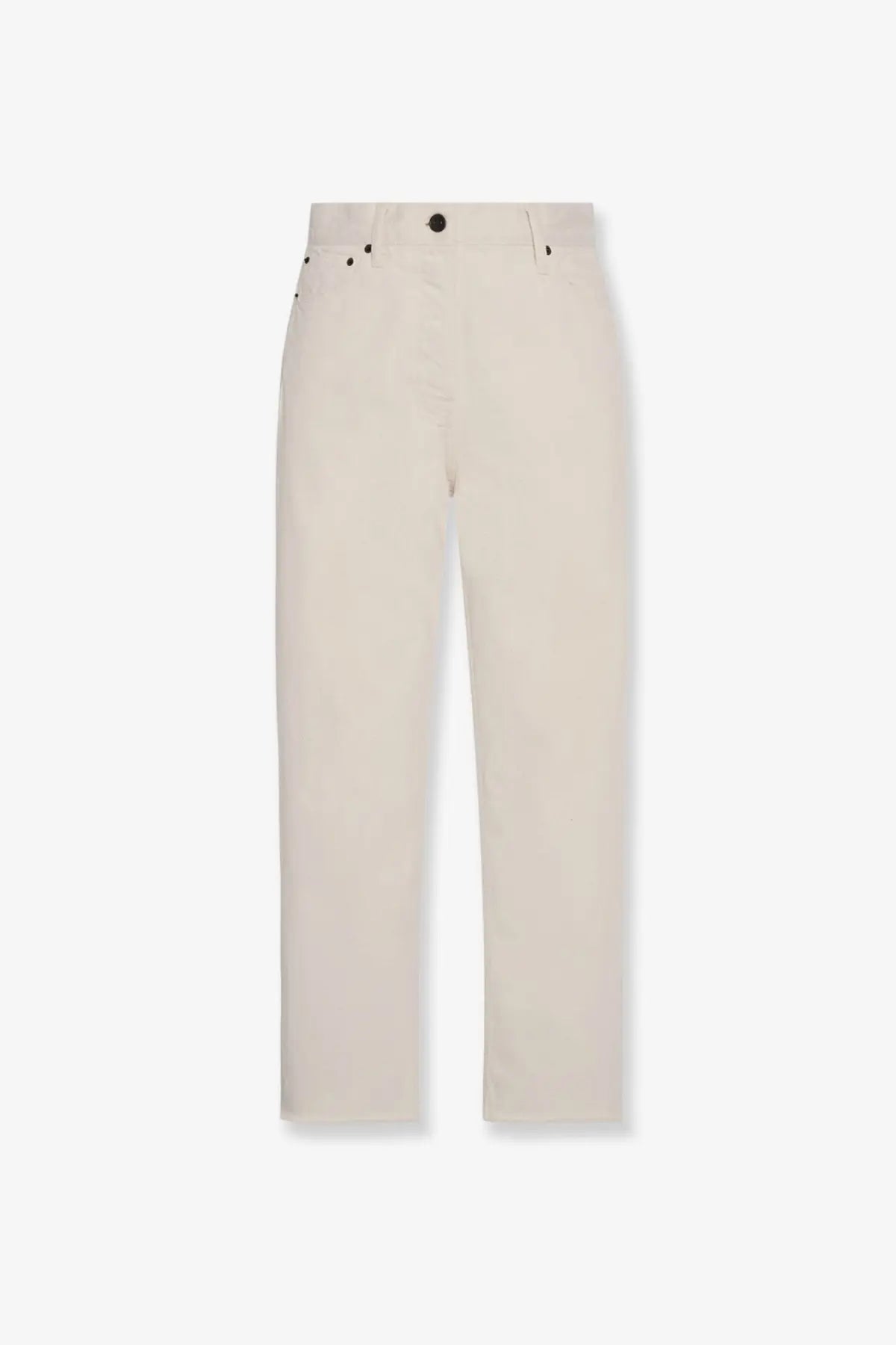 The row women’s fortino cream-colored straight-leg organic cotton trousers with black button accents and minimalist design