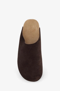 The row women’s hudson two suede sandals brown are dark brown mule slip-on shoes with a soft rounded toe and tan insole