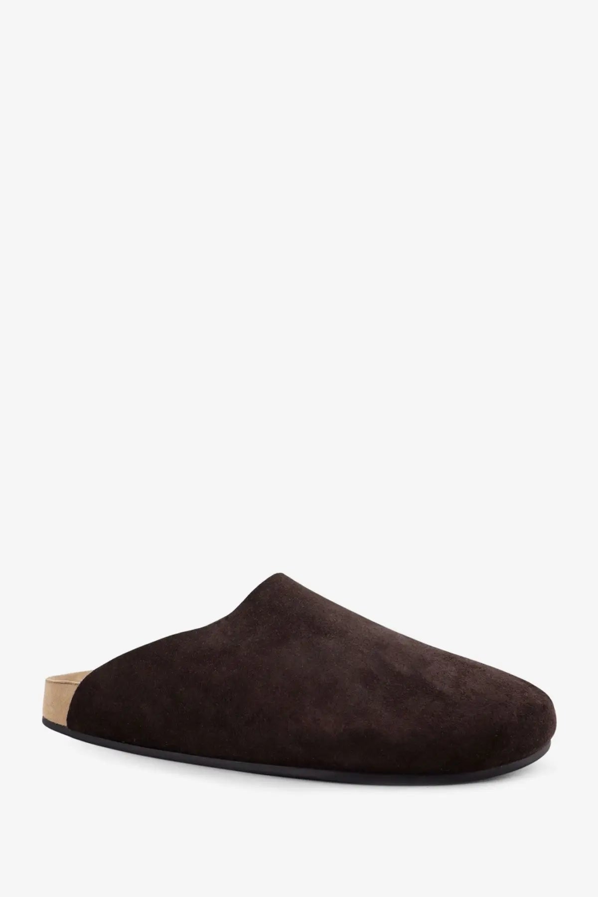 The Row women’s Hudson two dark brown suede slip-on mule sandals with cork footbed and black rubber sole