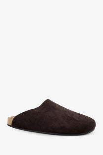 The Row women’s Hudson two dark brown suede slip-on mule sandals with cork footbed and black rubber sole