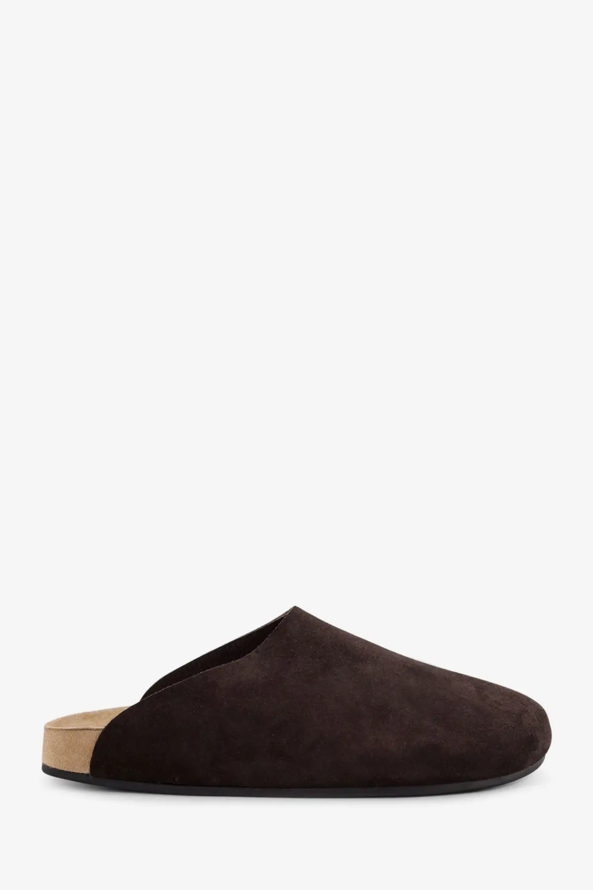 The row women’s hudson two brown suede slip-on mule shoe with light tan cork footbed and black rubber sole