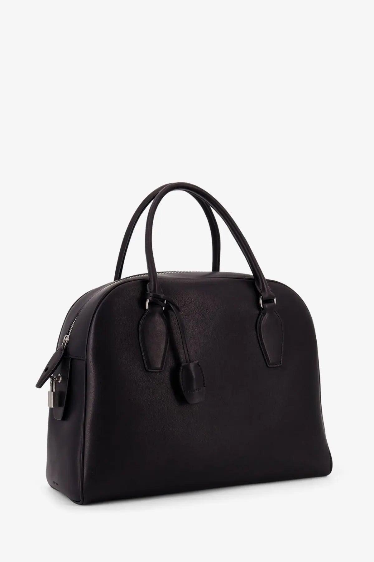 The row women’s india leather handbag black featuring a black leather satchel with rounded top and dual handles