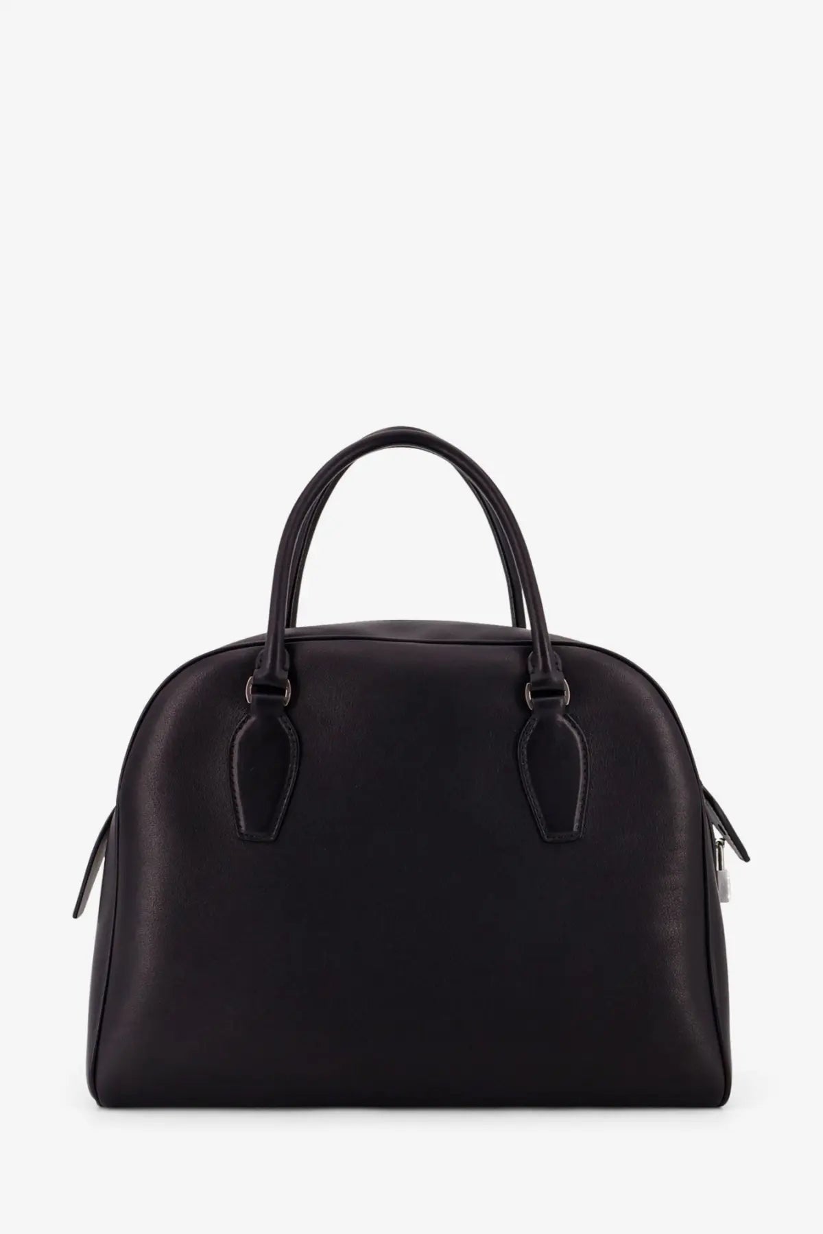 The Row womens India black leather handbag with structured dome shape and top handles satchel design