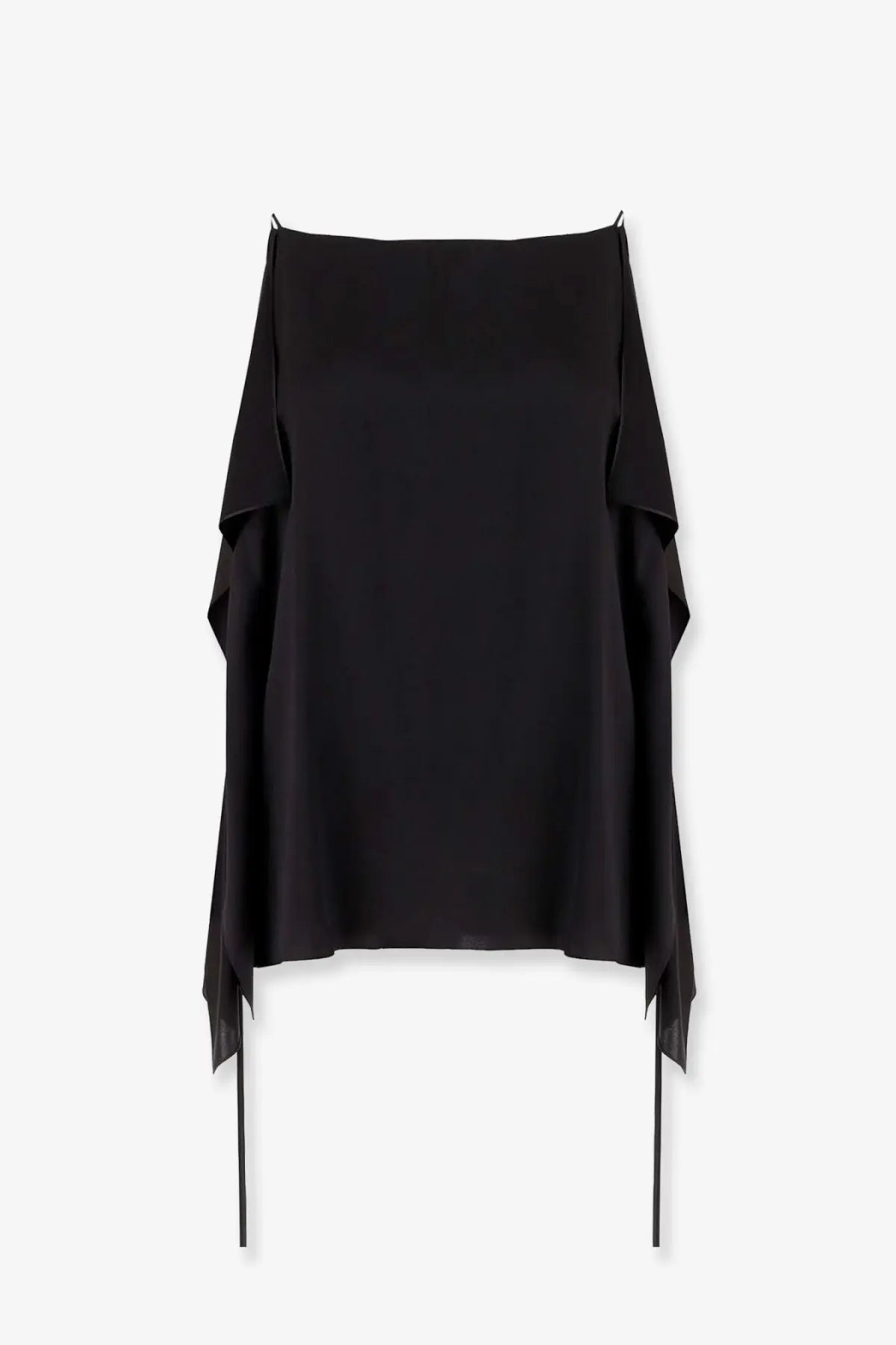The Row women’s Koray silk top in black features an off-the-shoulder design with flowing layered sleeves and an asymmetrical hemline