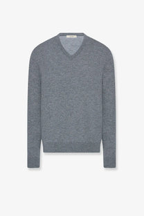 The row womens nian cashmere sweater grey soft heathered v neck with fine knit texture and ribbed cuffs